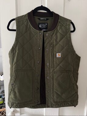 Carhartt Olive Green Quilted Work Vest with Brown Trim